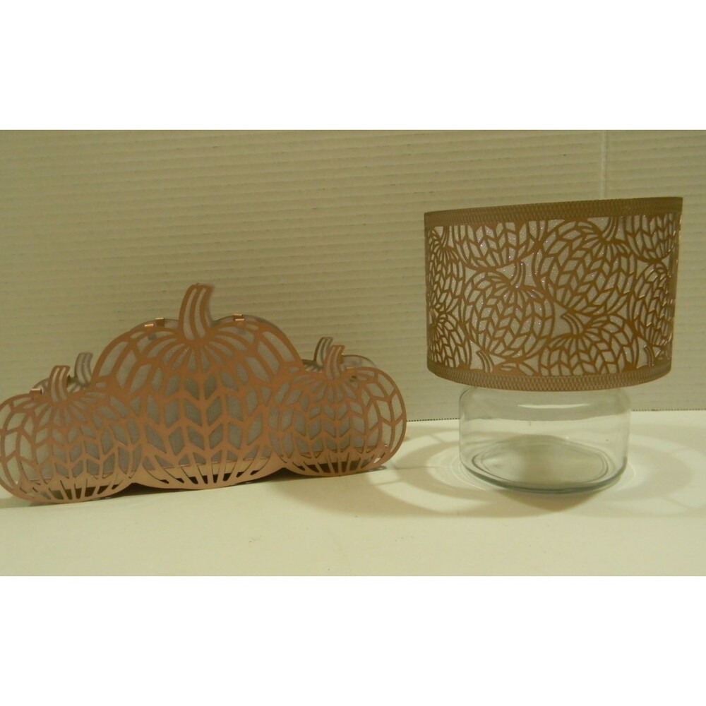 Yankee Candle Chevron Pumpkins Candle Holder and Shade Rose Gold Fall Decor EUC